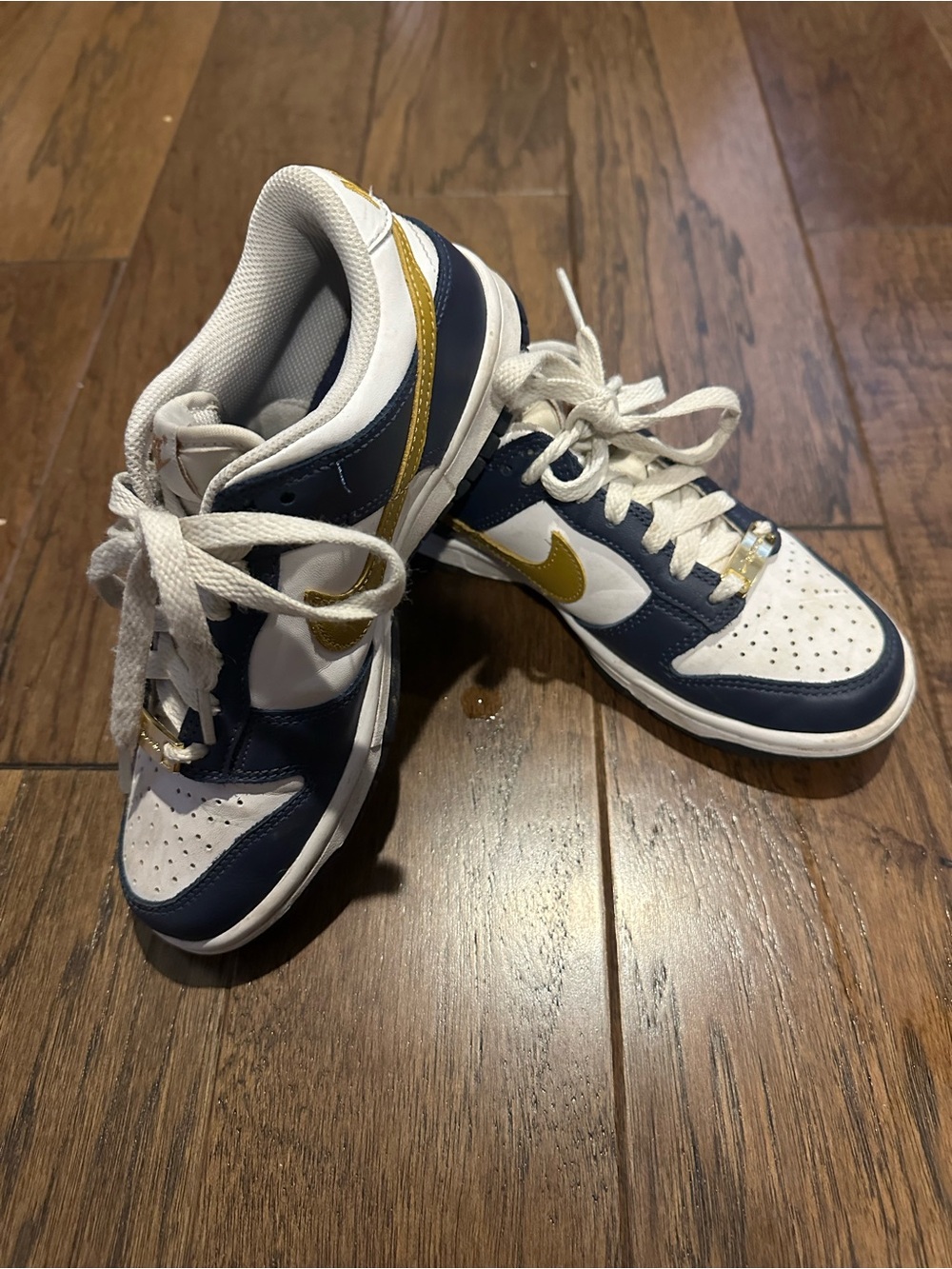 Kids Nike Dunk Low White and Navy Athletic Sneakers with Gold Swoosh- Youth 3.5